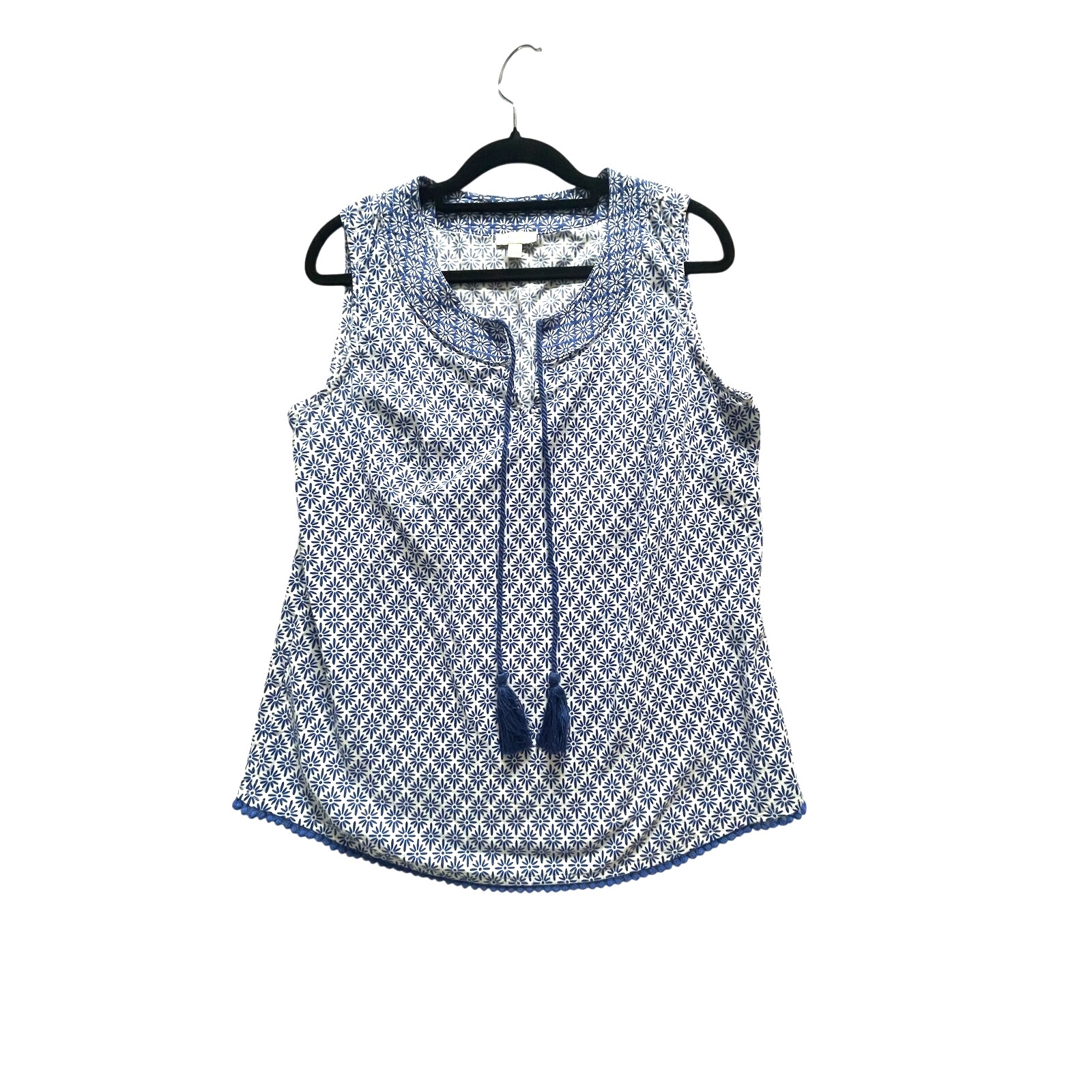 Women’s S Talbots Embroidered Crochet Hem Top Boho Cottagecore Blue White Euc